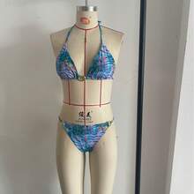 Traje de Baño Bikini Estampado Sexy con Lazos para Mujer, Nueva Moda 2026, para Aguas Termales - azul cielo - Ver 3