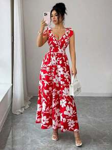 Vestido largo con estampado floral elegante y lazo en la cintura, para uso casual de vacaciones y citas, primavera/verano 2026 - Rojo y blanco - Ver 5