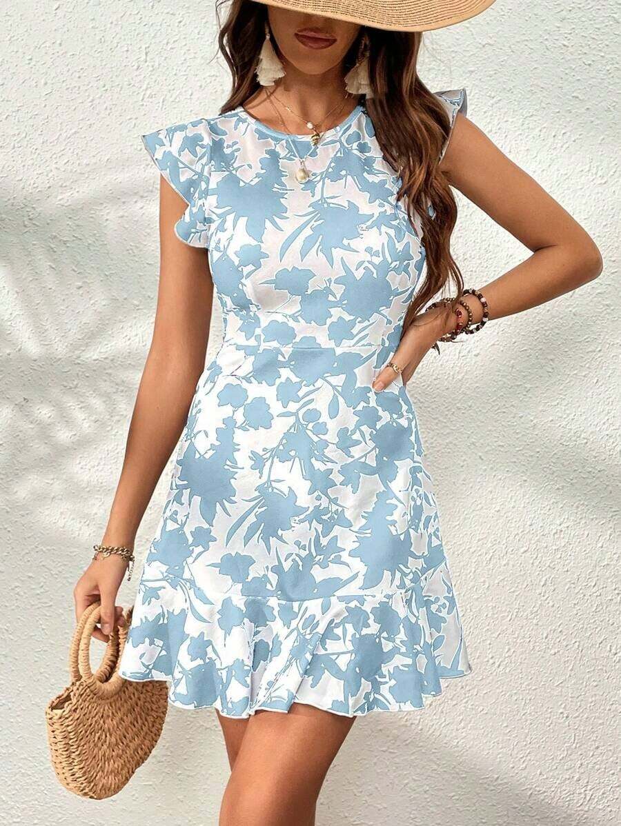 VCAY Vestido con estampado floral ribete con fruncido - Celeste - Ver 1