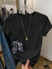 Camiseta de manga corta de mujer con cuello redondo y decoración de lazo, versátil para uso diario casual - Negro - Ver 6