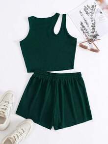 con abertura Top tank & de cintura con cordón Shorts deportivos - Verde Oscuro - Ver 2