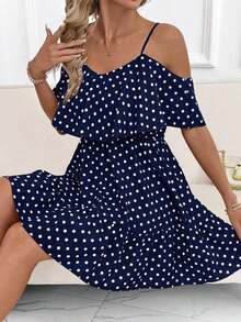 Vestido de línea A de algodón sólido rojo carmesí con tirantes de espagueti y hombros descubiertos, elegante y cómodo.Regalo elegante para el Día de la Madre, atuendo para festival, cita nocturna en la playa, vacaciones de verano.Vestido con - Azul marino - Ver 7