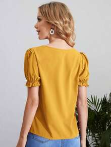 Blusa con cuello de ojal y manga abullonada, blusas de manga corta - Mostaza Amarilla - Ver 2
