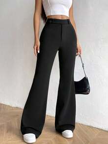 Pantalones acampanados de cintura alta de unicolor, casuales y versátiles para mujer - Negro - Ver 1