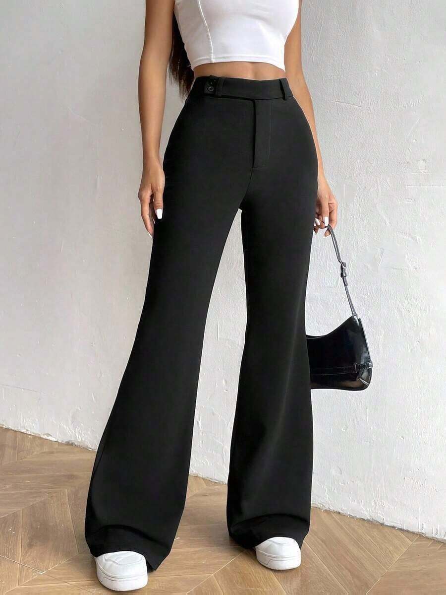 Pantalones acampanados de cintura alta de unicolor, casuales y versátiles para mujer - Negro - Ver 1