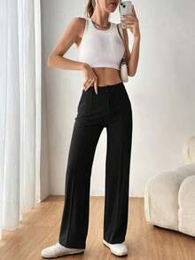 Pantalones rectos de traje sólidos para mujer en otoño/invierno - Negro - Ver 5