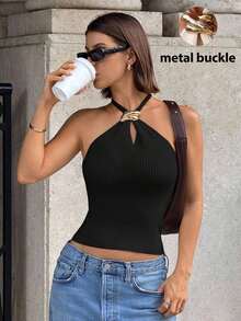 Top de punto con decoración metálica y cuello halter para mujer, 2025 - Negro - Ver 6