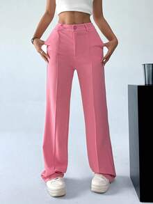 Pantalones rectos de traje para mujer con costuras expuestas para otoño/invierno - Rosa - Ver 5