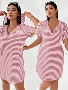 Vestido tipo camiseta con capucha y cordón ajustable a rayas, para el verano - Rosa - Ver 6