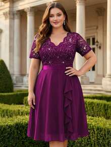 Plus Size Elegant Sequin Lace V-Neck Chiffon Ruffle Trim Evening Party Full Skirt, Wedding Guest Dress, Summer Dress, Suitable For Birthday, Graduation Ceremony, Dinner - Maroon - View 9