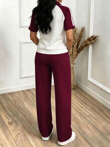 Women's New Spring/Summer Collared Half-Zip Sporty Contrast Color Short Sleeve Top And Elastic Waist Loose Solid Color Pants 2-Piece Set, Suitable For Outdoor Sports, Workout, Casual Commute, Street Wear In Spring And Summer - Wine Red 29 + Off-white - View 5