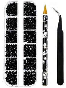 2-6mm Black Flat Bottom Rhinestone Set, With Dotting Pen And Tweezers, 3D Art Flat Rhinestones, 12 Compartment Rhinestone Kit, For DIY Crafts, Cups, Bottles, Glasses, Clothing, Loose Sparkling Crystals, Craft Decor, Valentine's Day Decoration - 12 Black Squares + Pen + Tweezers - View 13