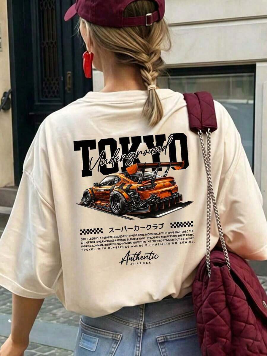 Loose-Fitting, Versatile Black Short-Sleeved Crew Neck T-Shirt With Tokyo Racing Print, New Casual Summer T-Shirt For Women's Everyday Leisure - 杏 - 查看 1