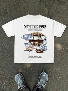 1pac 180g 100% Cotton Summer Collection Of Graphic T-Shirts For Men: New Men's T-Shirt With A Simple White Background, Decorated With Watercolor Beach - White - View 6