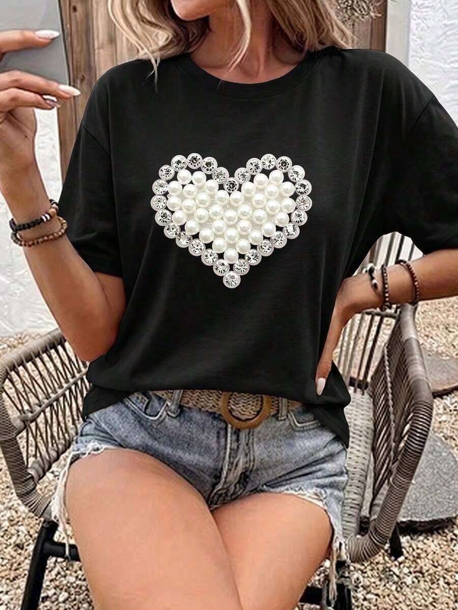 Playera Oversize Mujer "Corazones Rosa y Leopardo" - Azul Marino con Estampado Femenino Chic - Negro-2 - Ver 1