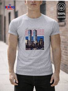 King T-shirt Playera 100% algodón de excelente calidad, esta playera garantiza una suavidad excepcional al tacto, cuello redondo con estampado "New York Manhattan Vintage Skyline" y manga corta - Gris Claro - Ver 1