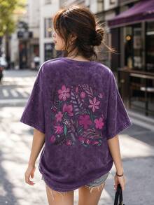 Women's Fun Plant-Embossed And Fashionable Floral Cartoon Letter Print Street Style, Korean-Style Comfortable Retro Fashion Commuting Versatile Y2K Women's Clothing, Regular Niche Punk Style Black Fitted Round Neck Short-Sleeved Washed T-Shirt, Double-Sided Printing,Washed Retro Series Comfortable Pure Cotton T-Shirt, Easily Create Retro Casual Wear, Suitable For Daily Commuting, Casual Outings, And Everyday Wear, Classic Retro Style Women's Clothing. - Màu tím  Violet - Xem 3