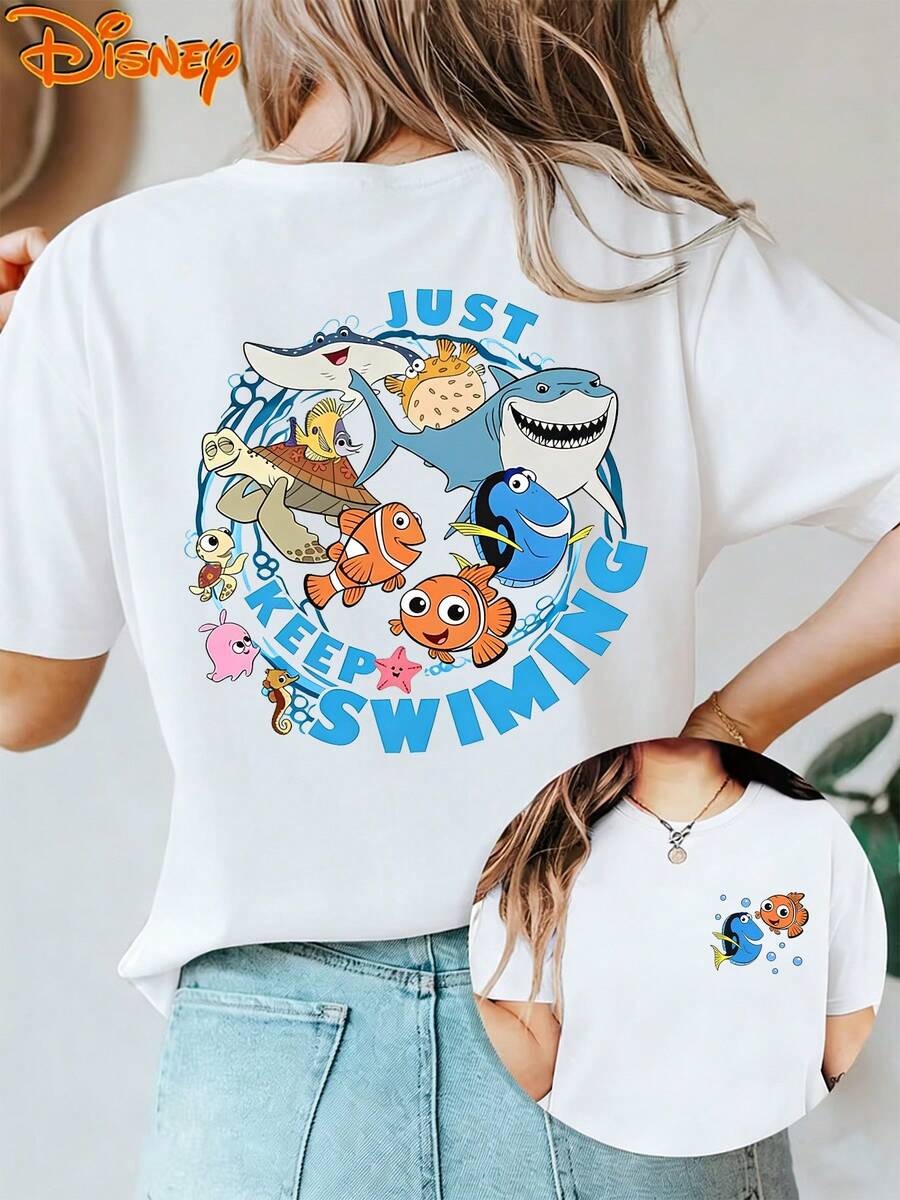 Disney Licensed, Best-Selling Women's Print: Minnie Mouse Head, Diamond Sparkle, Bow, Fashionable And Cute Printed Short-Sleeved Crew Neck T-Shirt. Crew Neck, Casual, Comfortable, Stylish, And Versatile, Suitable For Spring, Summer, And Autumn. Optimistic Design, Elastic Fabric. - trắng - Xem 1