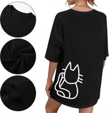 Cute Cat T-Shirts For Women, Oversized Black Cat Graphic T-Shirt, Casual T-Shirt, Kawaii T-Shirts, Fun And Stylish Tops - 杏色 - 查看 7