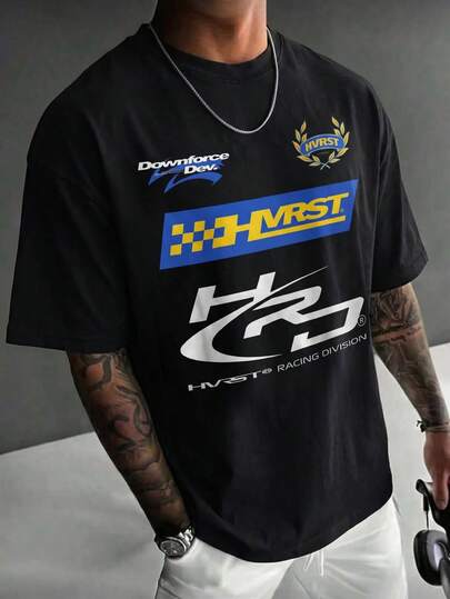  Fractyr Men's Oversized Racing Graphic T-Shirt, "HVRST Racing Division" Vintage F1-Inspired Tee, Washed Black Streetwear Casual Top, Soft Touch Short Sleeve Crew Neck Shirt For Urban & Sporty Style