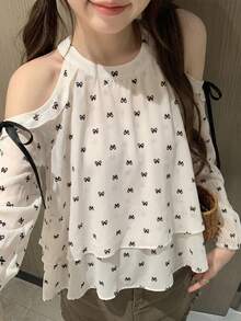 Off-Shoulder Blouse With Loose Fit, Butterfly Print, Feminine Vibe, Long Sleeve Top - Apricot - View 5
