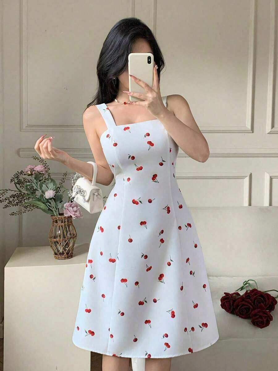 Vestido de tirantes elegante con estampado de cerezas para mujer - Blanco - Ver 1