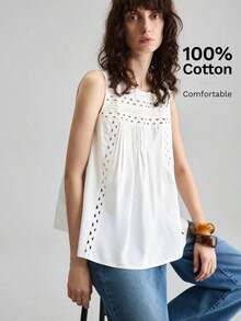 Ontre Blusa de verano informal sin mangas con ribete tejido para mujer - Blanco - Ver 6