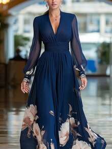 Vestido largo elegante con combinación de tul estampado estilo francés - Azul - Ver 2