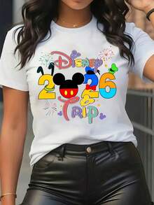 Disney Licensed Women'S Popular Printed T-Shirt Featuring Mickey Mouse'S Head, Colorful Numbers, And Fireworks Elements, Themed For Travel In 2026. This Short-Sleeve, Round-Neck Tee Is Stylish, Comfortable, And Versatile - trắng - Xem 1