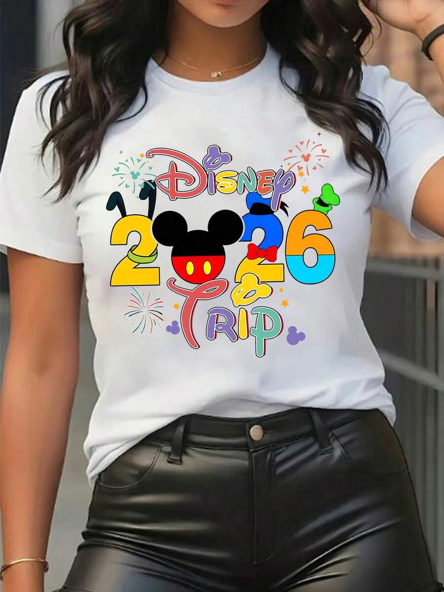 Disney Licensed Women'S Popular Printed T-Shirt Featuring Mickey Mouse'S Head, Colorful Numbers, And Fireworks Elements, Themed For Travel In 2026. This Short-Sleeve, Round-Neck Tee Is Stylish, Comfortable, And Versatile - trắng - Xem 1