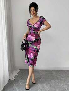 Vestido midi elegante de color púrpura con estampado floral romántico, diseño de volantes, decoración de lazo, mangas cortas, uso casual diario y para fiestas, primavera/verano - Morado - Ver 3