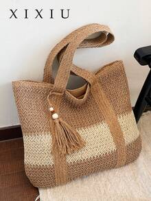Damen Handtaschen & Shopper, große zweifarbige Schultertasche mit gewebter Textur, Papierseil-Gewebe mit breiten Trägern & Perlen-Quaste, extra große Kapazität Urlaubs-Stil Tasche für Damen für Sommer Strand & Reisen - Braun - Übersicht 1