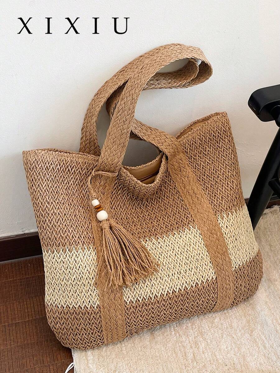 Damen Handtaschen & Shopper, große zweifarbige Schultertasche mit gewebter Textur, Papierseil-Gewebe mit breiten Trägern & Perlen-Quaste, extra große Kapazität Urlaubs-Stil Tasche für Damen für Sommer Strand & Reisen - Braun - Übersicht 1