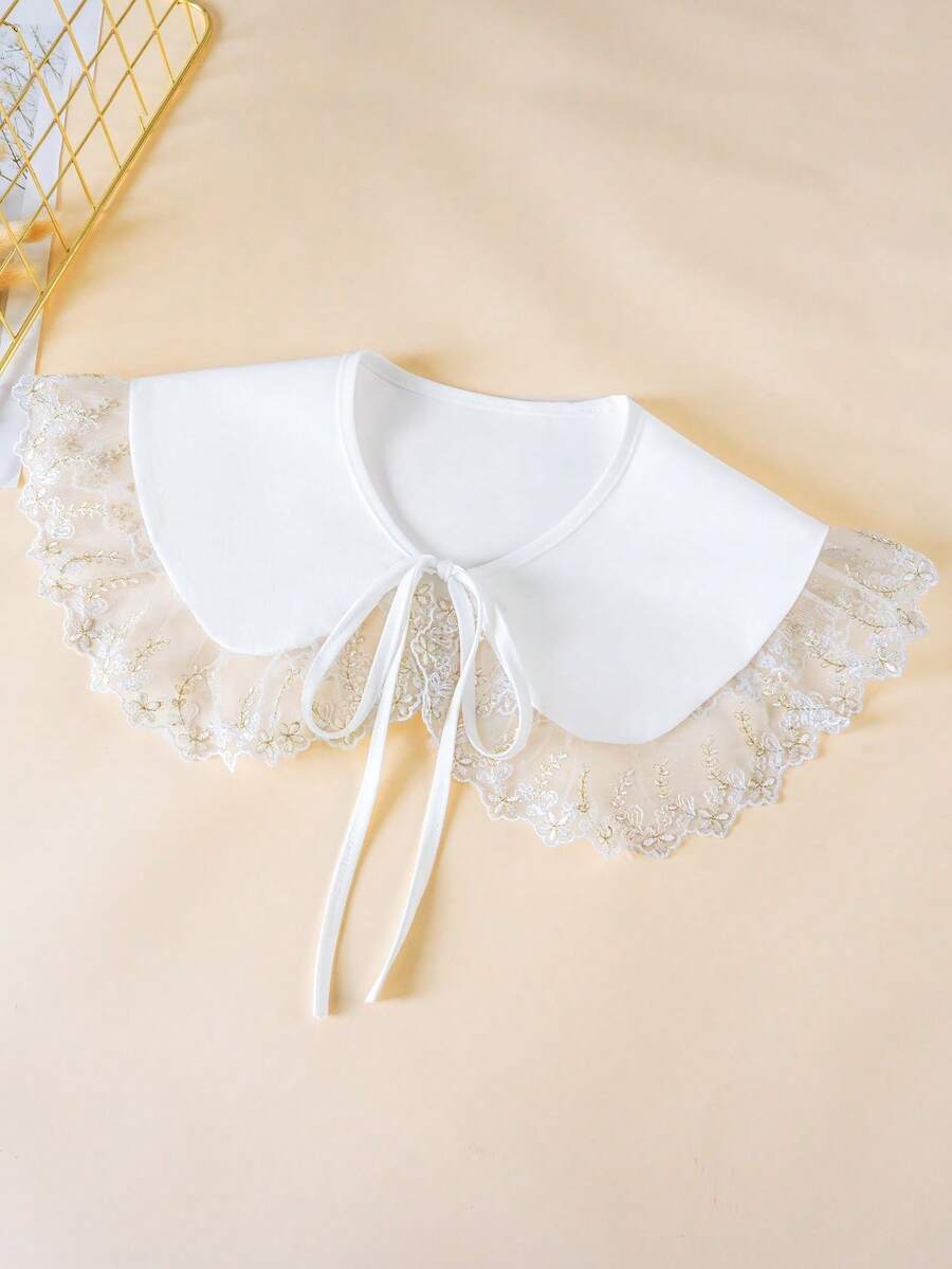 1pc Women's White Embroidered Fake Collar, Double-Layer Ruffle Decor Fashion Shawl Collar, Suitable For Daily Wear - 1202-a-white - View 1