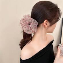 1入女款甜美優雅歐根紗碎花大腸髮圈，彈性髮帶波希米亞風髮飾，碎花髮繩馬尾彈性橡皮筋 - 彩色 - 查看 2