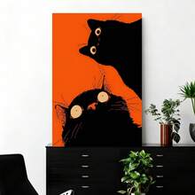 Framed Flat Black Cat Cartoon Canvas Painting on Orange Background, Art Decoration Print, Suitable for Living Room, Bedroom, Cafe, High-End Artwork, Graduation Gift, Wall Decor - Enmarcado - Ver 2