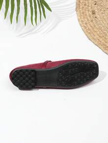 Coffee Color Mary Jane Square Toe Velvet Shoes For Women - Burgundy - View 7