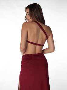 Conjunto de 2 piezas de top de hombro oblicuo y falda de unicolor minimalista, elegante para el verano - Burdeos - Ver 10