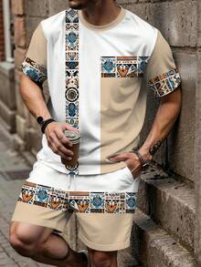 Men's Summer Vacation Set: Geometric Print Short Sleeve Set, Lightweight And Breathable Beach Wear, Suitable For Vacation And Casual Style - Multicolor - View 1