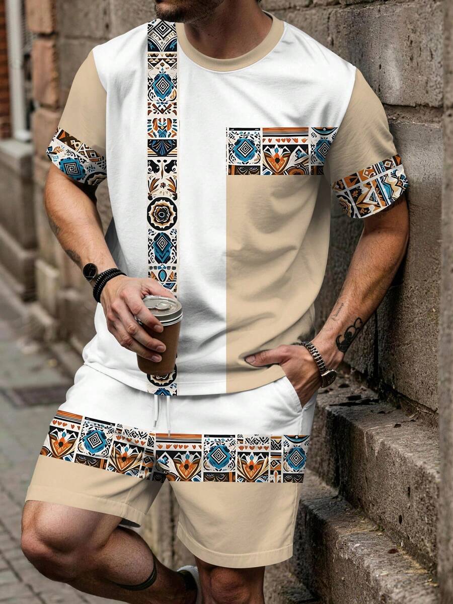 Men's Summer Vacation Set: Geometric Print Short Sleeve Set, Lightweight And Breathable Beach Wear, Suitable For Vacation And Casual Style - Multicolor - View 1