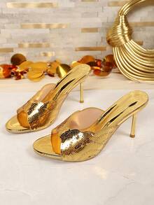 Sandalias de tacón alto con estampado de alas doradas brillantes con lentejuelas, sandalias de tacón de aguja con talón abierto para boda, baile de graduación y club - Dorado - Ver 8