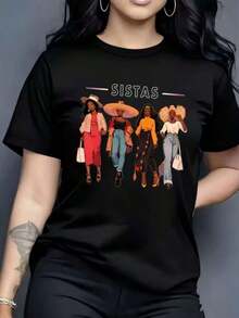 Camiseta de mujer, moda casual para el día a día, top negro con estampado de texto SISTAS, adecuada para uso diario informal. - Negro - Ver 6
