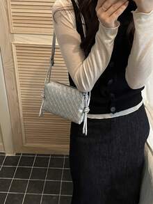 简约纯色迷你编织纹理PU相机包，便携斜挎单肩包，适合女性 - 銀色 - 查看 4
