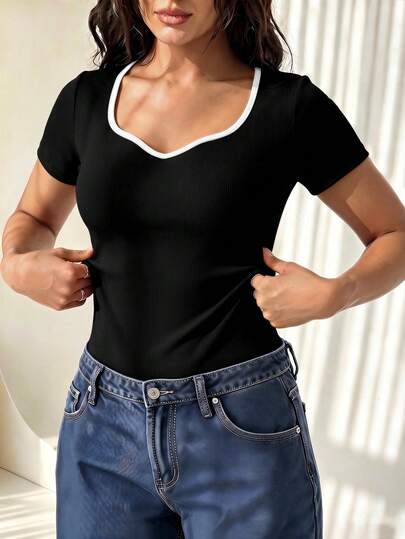 Women's Casual Fashion Black And White Splice Short Sleeve T-Shirt Summer