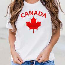 New Women's Summer Casual T-Shirt, Cotton, With Canadian Flag And Heart Print, Short Sleeve, Round Neck, Drop Shoulder, Cute Summer T-Shirt With Slightly Stretchy Fabric - Vintage Urban Style, Unisex, Loose Fit, Cotton, Short Sleeve, Round Neck. - 白色 - 查看 4
