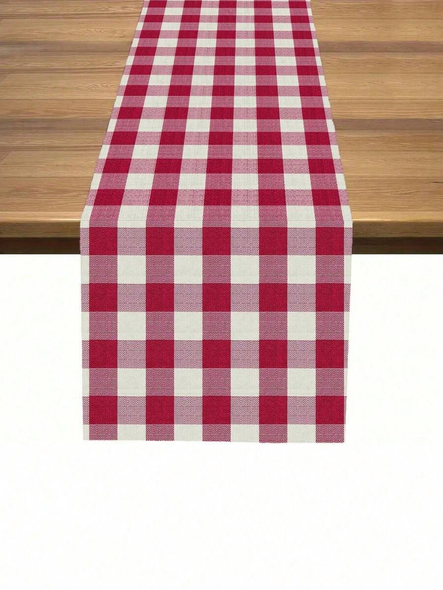 1pc Fuchsia Plaid Table Runner, Minimalist & Versatile, Multiple Size Options, Faux Linen Material, Digital Printing, Suitable For Restaurant, Kitchen, Outdoor Party - Hot Pink - View 1