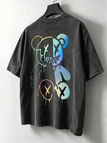 Manfinity Hypemode Men's Cartoon Rabbit Print Washed Cotton T-Shirt Premium Washable Cotton Fabric - Negro 3 - View 10