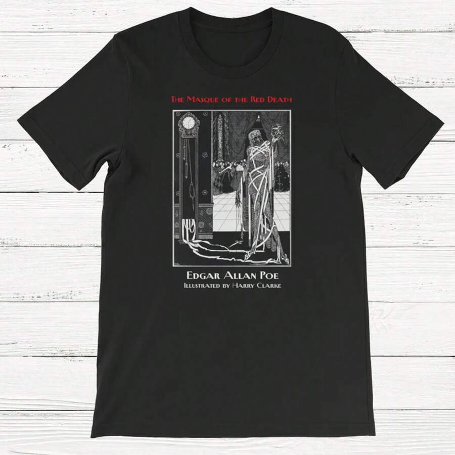 Poe-Shirt, Masque of Red Death, Short-Sleeve Unisex-Shirt, Edgar Allan Poe Shirts, Book-Shirt, Booklovers, Classic Books - Negro - Ver 1