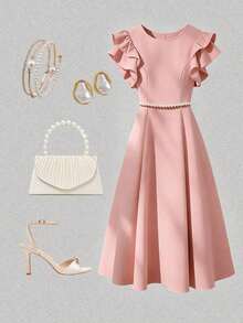 Vestido de línea A con decoración de cadena de perlas y mangas acampanadas, adecuado para salidas diarias, citas, fiestas, graduaciones, vacaciones y el Día de San Valentín - Burdeos - Ver 7
