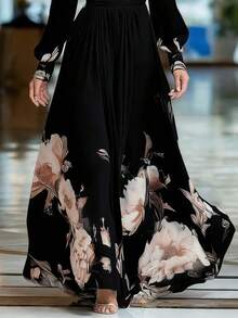 Elegant Long Dress With A Combination Of French-Style Printed Tulle - 黑色 - 查看 3